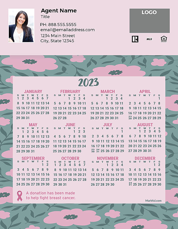 Picture of 2023 Custom Full Calendar Magnets: Jumbo - Floral Breast Cancer Fight