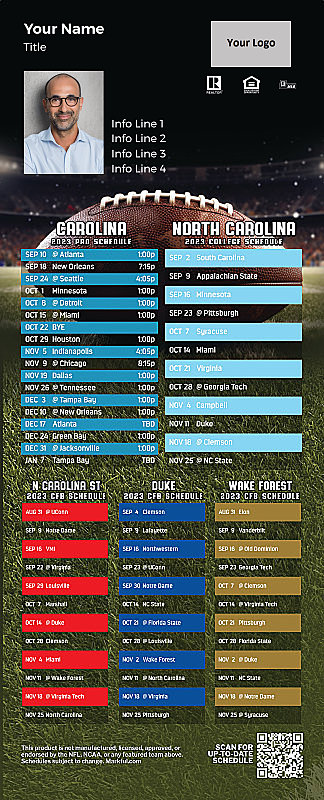 Picture of 2023 Personalized QuickCard Football Magnet - Panthers/U of North Carolina/North Carolina St/Duke U/Wake Forest U
