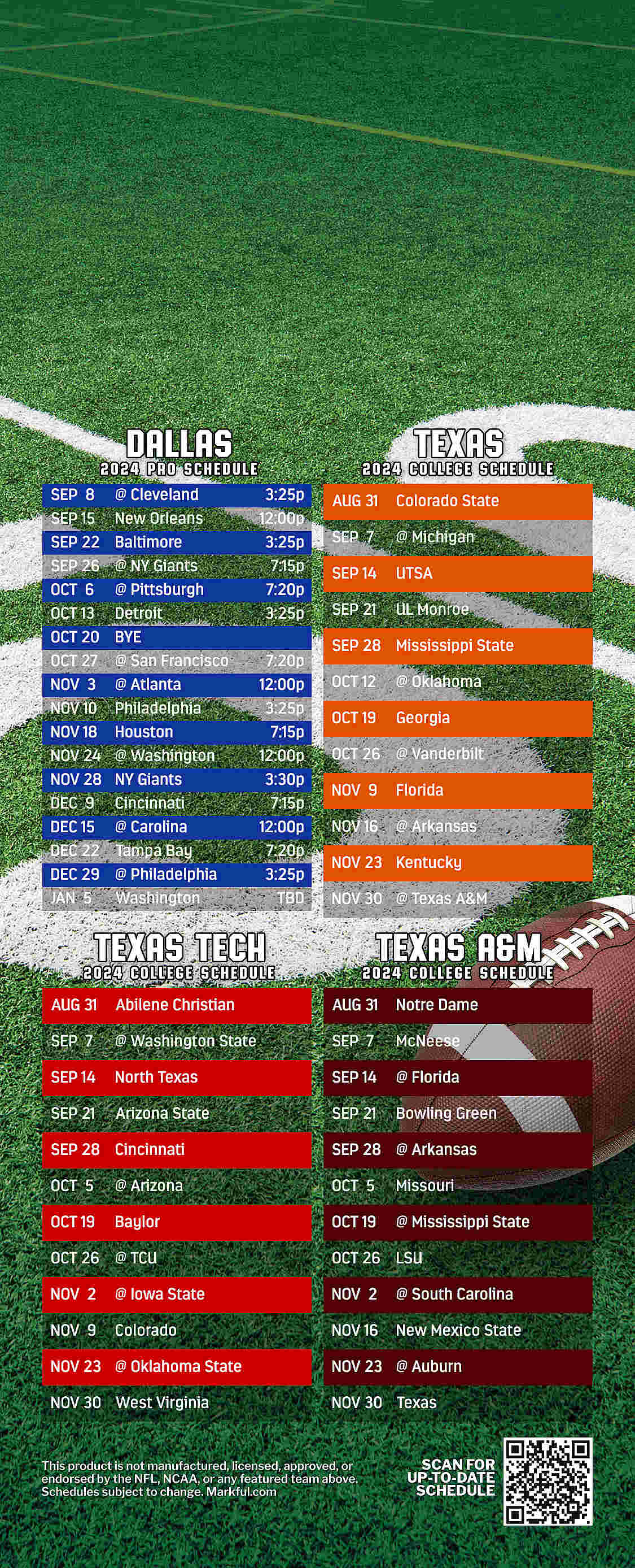 Picture of Cowboys/U of Texas/Texas Tech/Texas A&M Peel & Stick QuickStix Football Magnet 2024