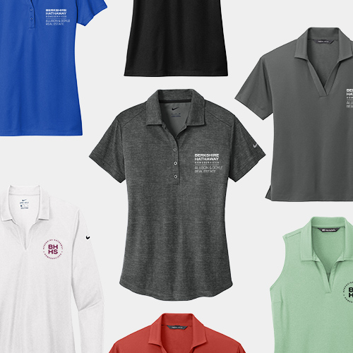 a collection of six polo shirts in various colors and styles. From top to bottom and left to right: the first row shows a bright blue polo shirt, a black polo shirt, and a dark grey polo shirt, all with collars and buttons at the neckline. The second row shows a white polo shirt with a small logo on the left chest, a charcoal grey polo shirt with a small print on the right chest, and a light green polo shirt. The third row shows a red-orange polo shirt. Each shirt appears to have a different texture, and they are all laid out against a white background.
