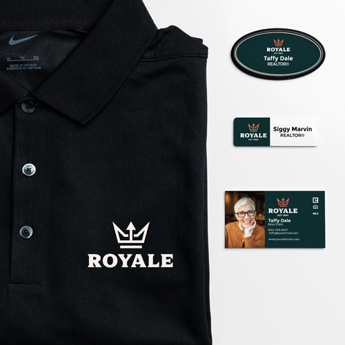 A black polo shirt with a 'ROYALE' logo, alongside realtor name tags and business cards for 'Taffy Dale' and 'Siggy Marvin', all with the 'ROYALE' branding.