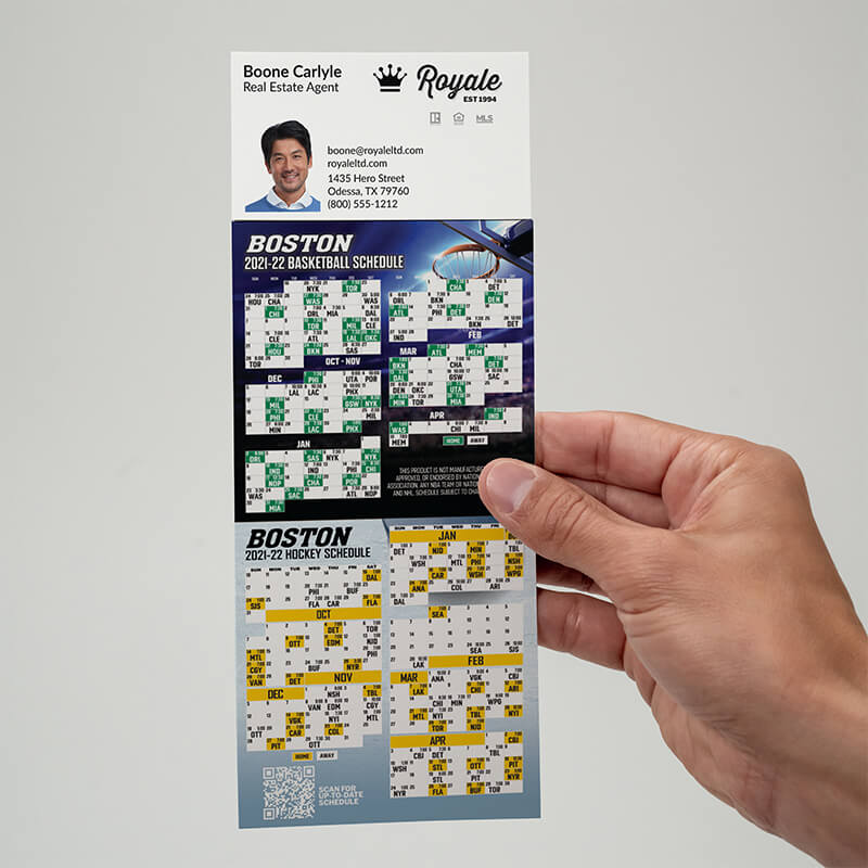 Your business card applied with adhesive to the top of a Basketball schedule