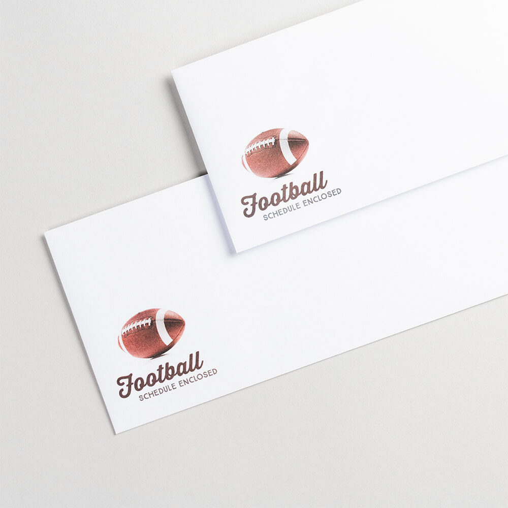 Envelopes custom printed with your address and stock envelopes, sizes 7, 10, and jumbo