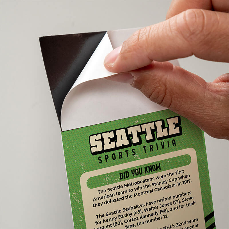 Peel off to expose the adhesive and attach your business card to these sports trivia magnets