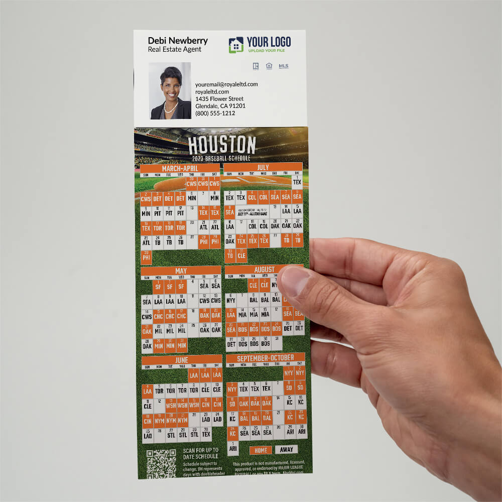 Your business card applied with adhesive to the top of a baseball schedule