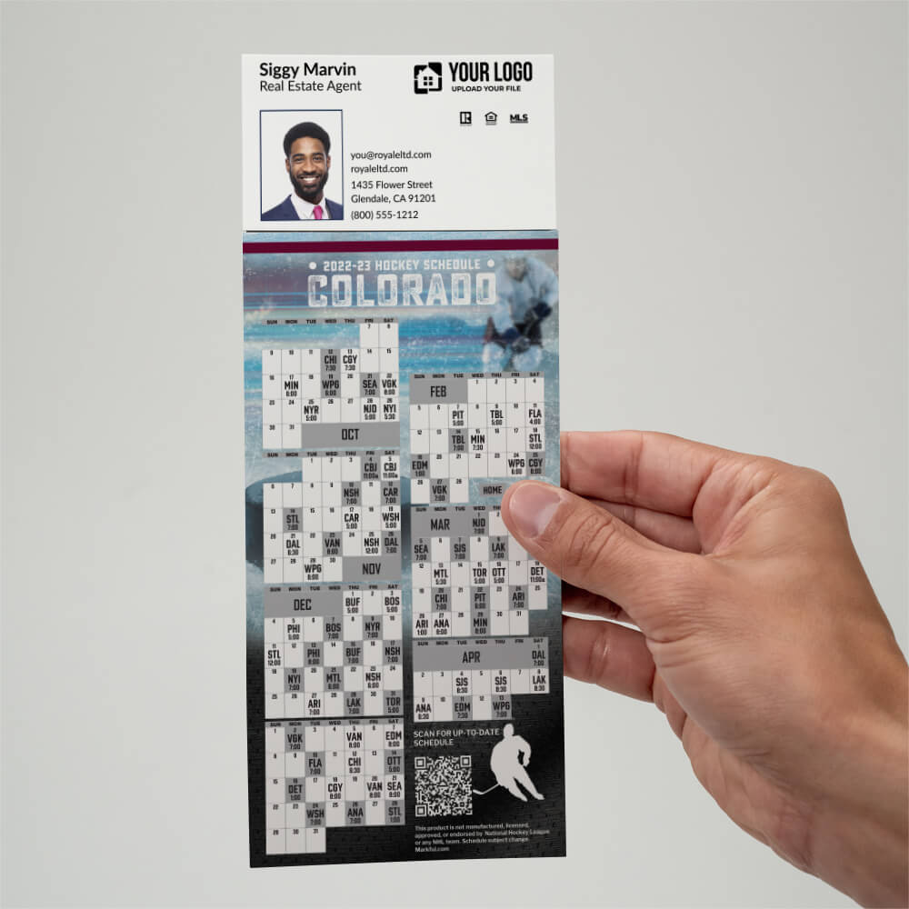 Your business card applied with adhesive to the top of a hockey schedule