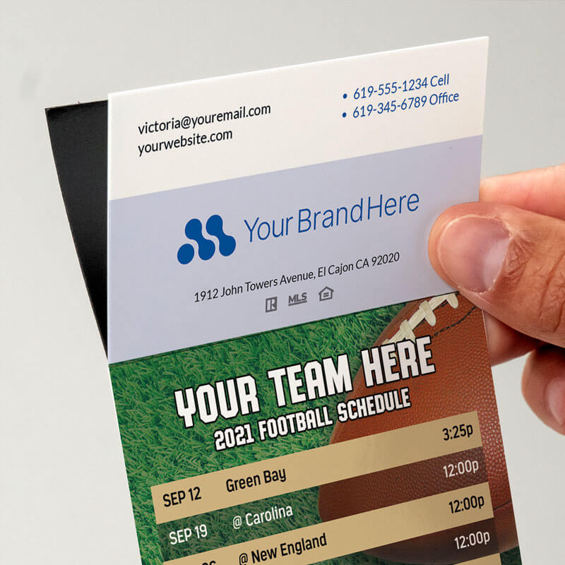 Apply any business card to these football schedules with the adhesive top
